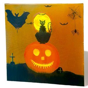 wall art Handmade oil painting Halloween Ghost cat on pumpkin wall art Halloween